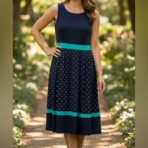 Knapp Studio Dress Size Medium NWT | Black & Green Polka Dot Fit & Flare Midi